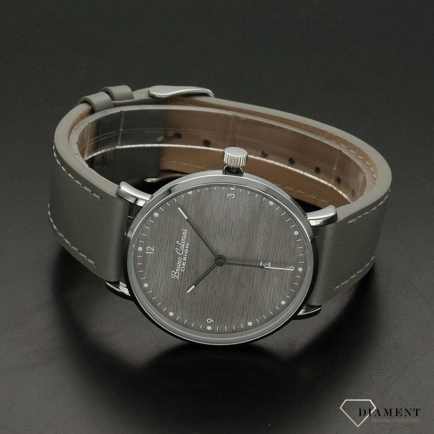 Zegarek męski BRUNO CALVANI BC90271 Szary pasek. Zegarek męski z szarym skórzanym paskiem. Zegarek męski w kolorze szarym z białymi indeksami i głównymi cyframi arabskimi. Wygodny datownik w formie popularnego okienka (2).jpg